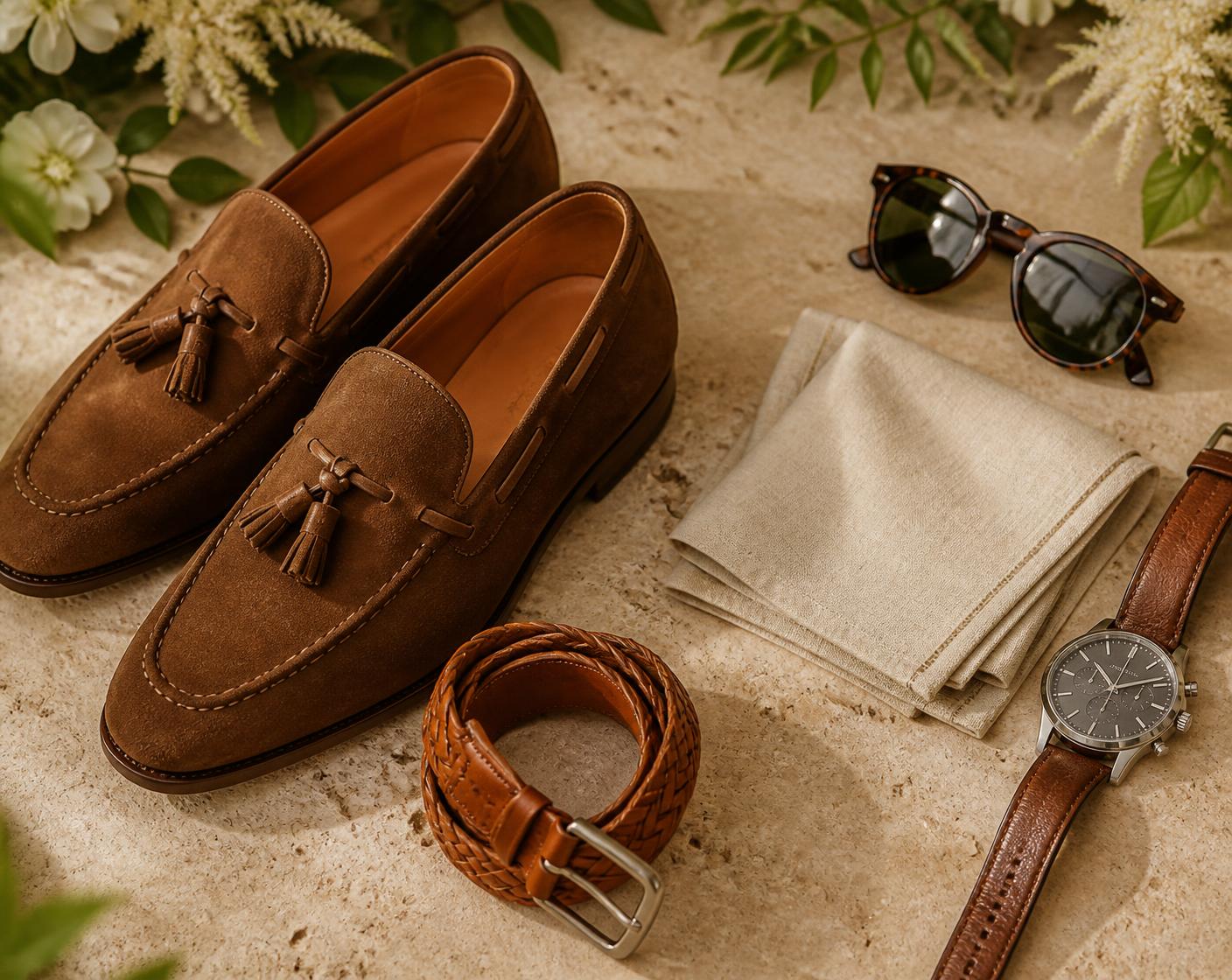 Flat lay of brown suede tassel loafers, a woven tan belt, linen pocket square, sunglasses and watch