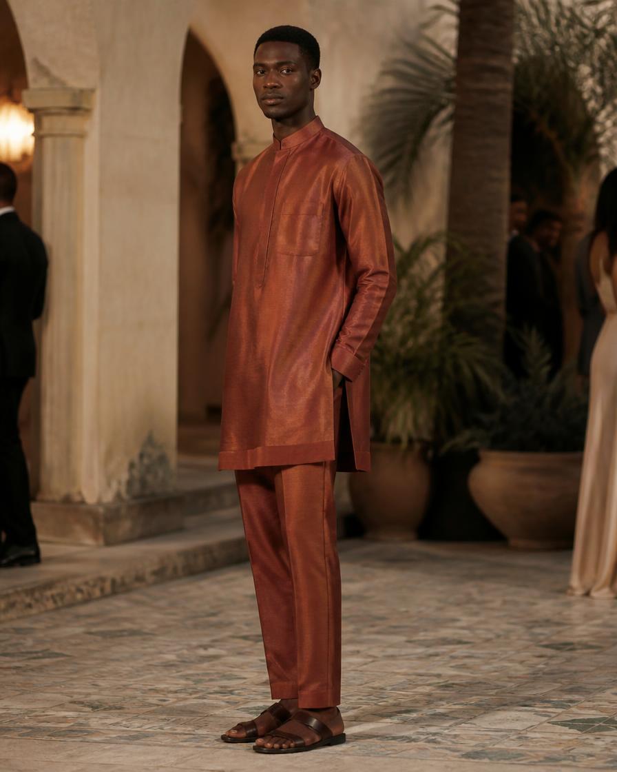 A terracotta silk-cotton evening kaftan with matching trousers and leather sandals