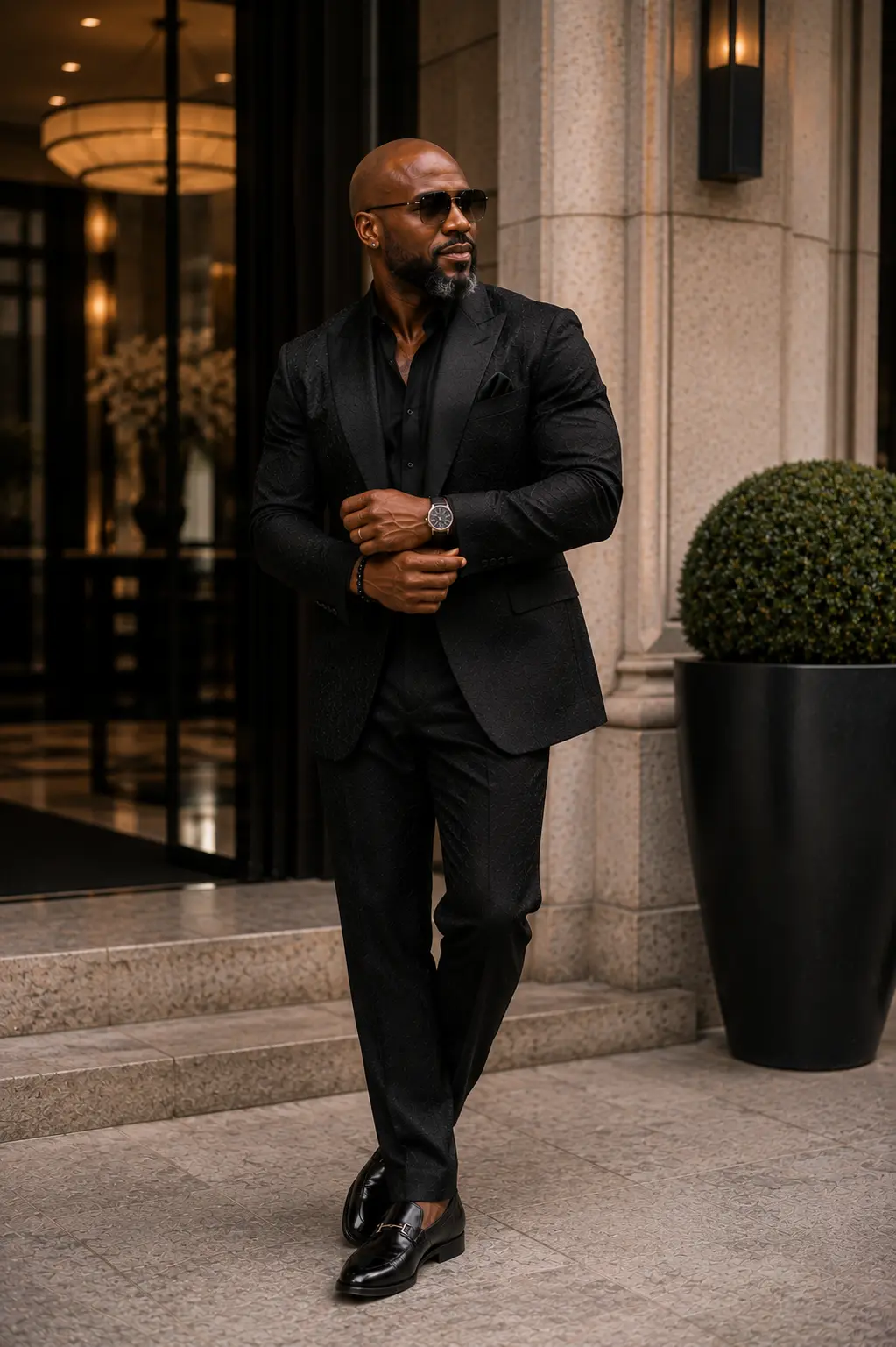 A textured black two-piece worn on the street