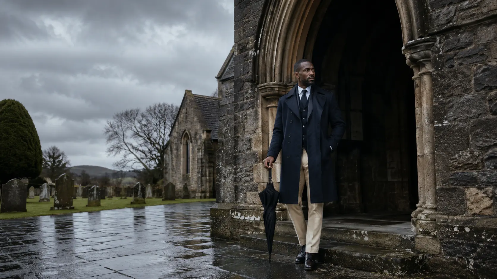 A navy overcoat over tailoring outside a British parish church on a wet winter morning