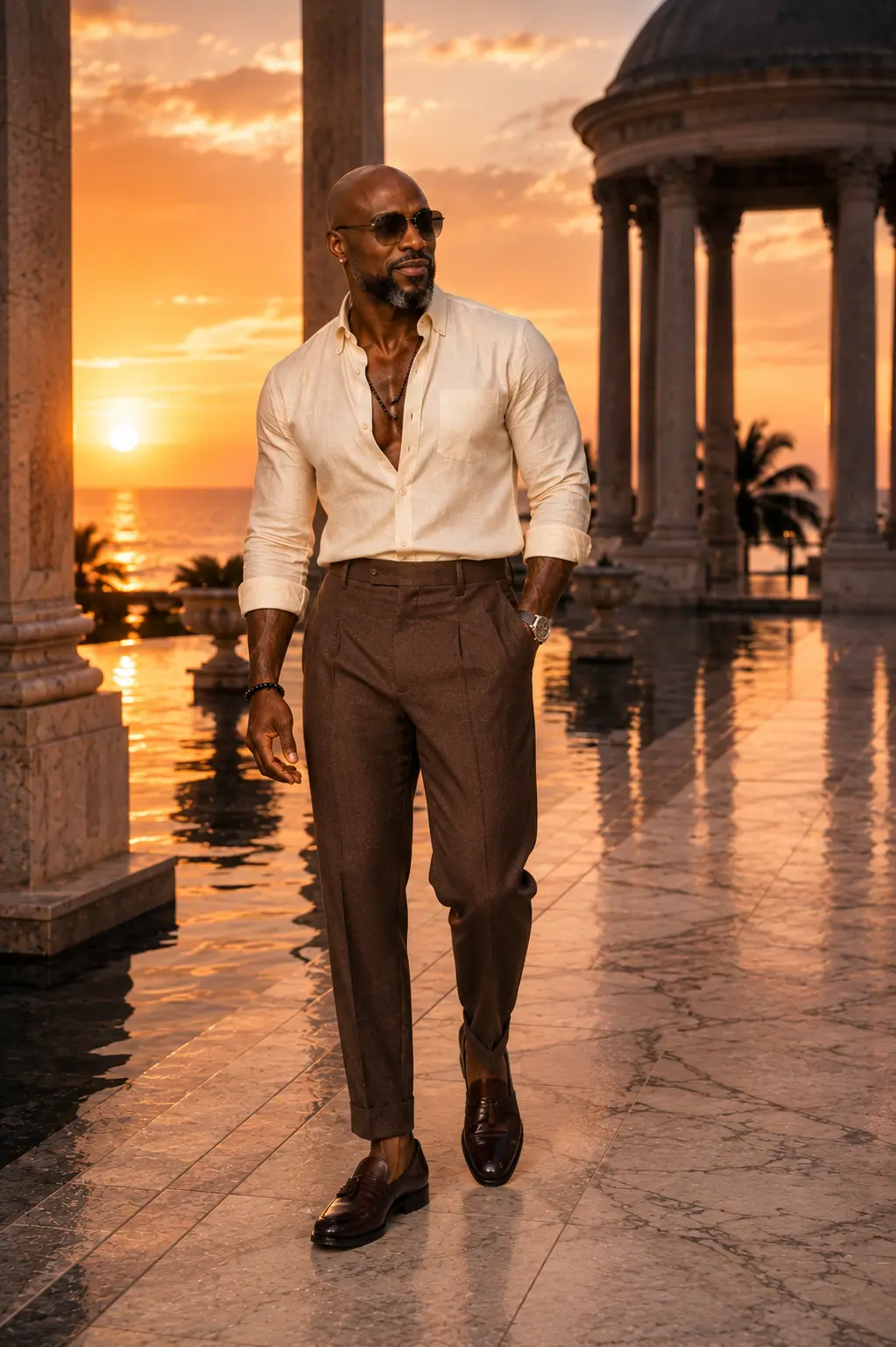 A cream linen shirt and full brown trouser worn on a colonnade at sunset