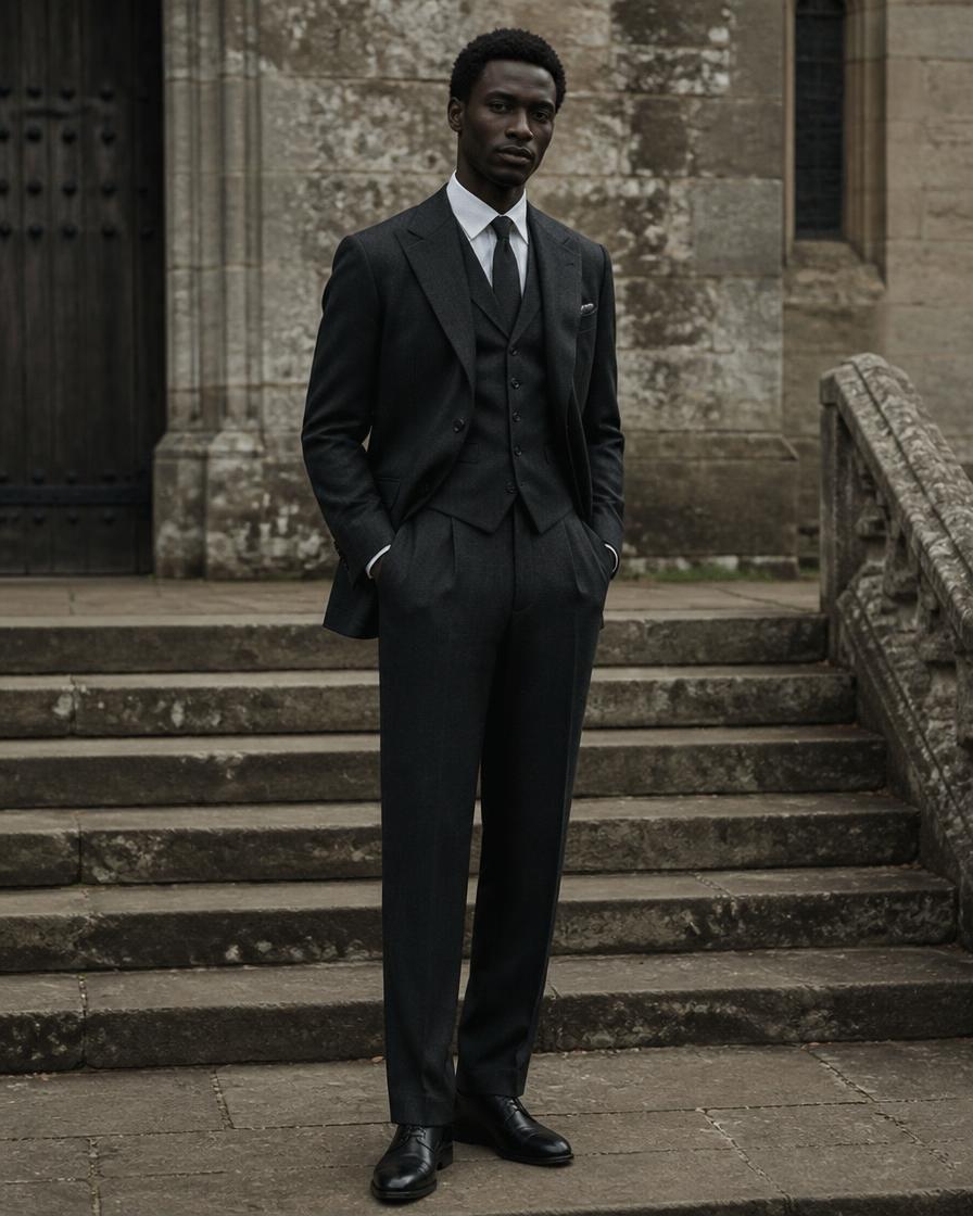 A charcoal three-piece suit with a white shirt and dark tie on stone church steps