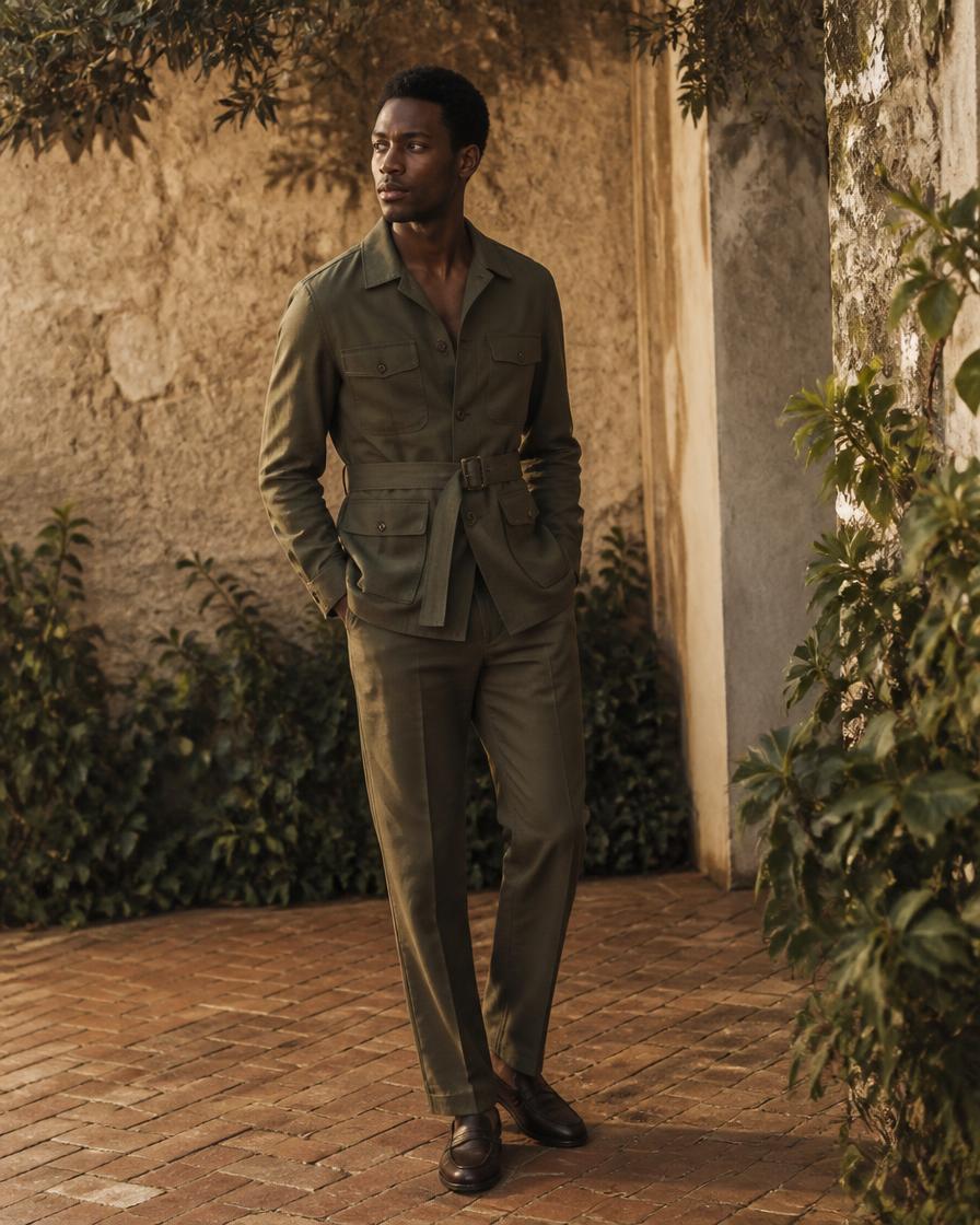 An olive safari suit with a belted four-pocket jacket worn in a sunlit courtyard