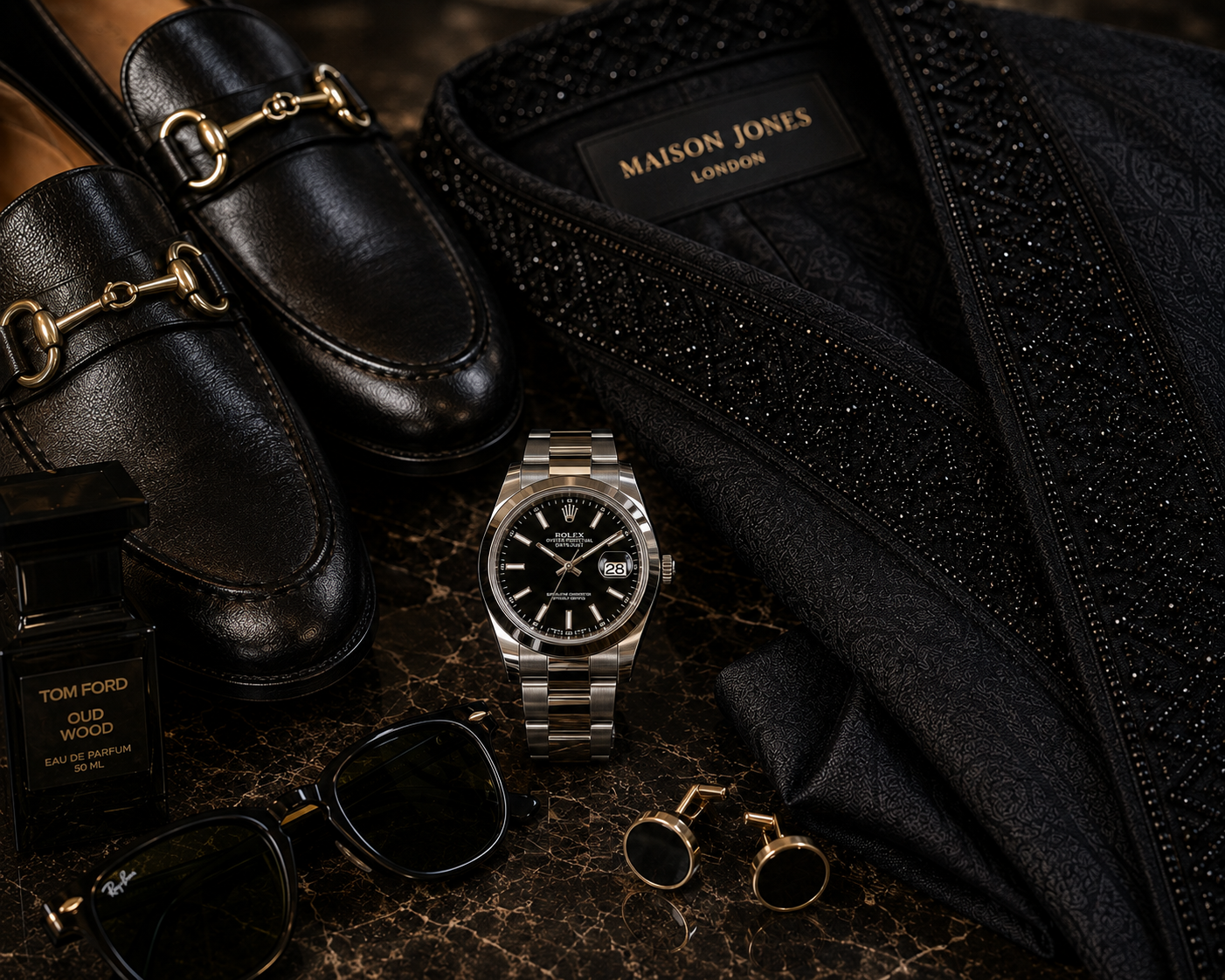 Loafers, watch, cufflinks, fragrance and an embroidered Maison Jones jacket laid out