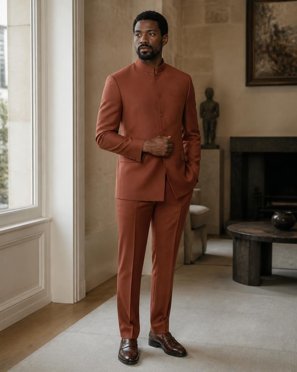 A terracotta senator suit with a mandarin collar worn in a British townhouse reception room