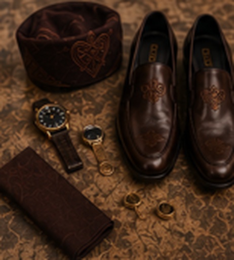 Flat lay of the matching fila cap, brown leather slip-ons, watch and wallet