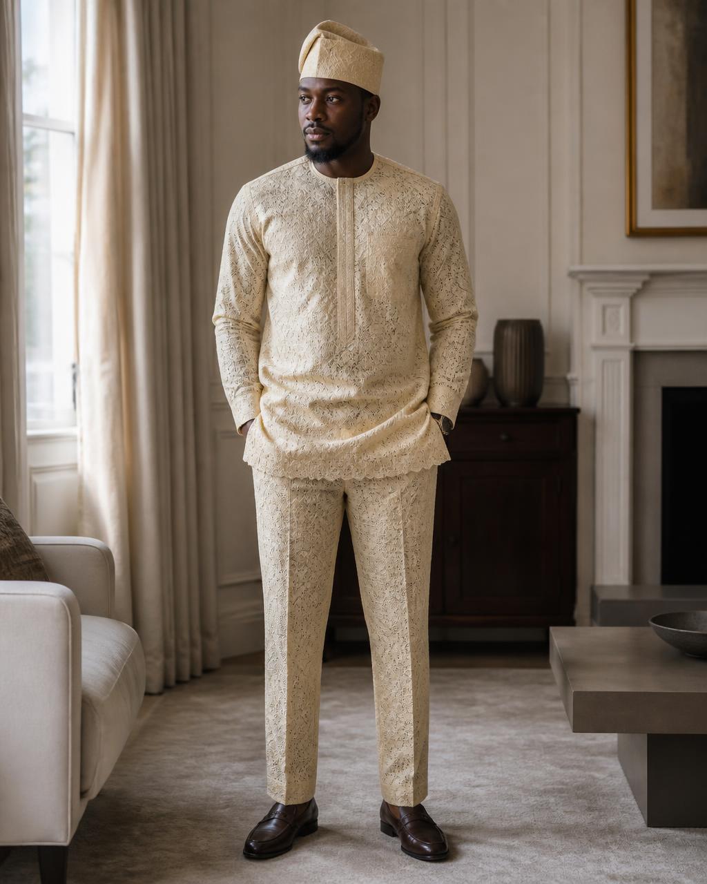 A champagne lace aso-ebi set — straight top, plain-front trouser and matching fila — worn in a London reception room