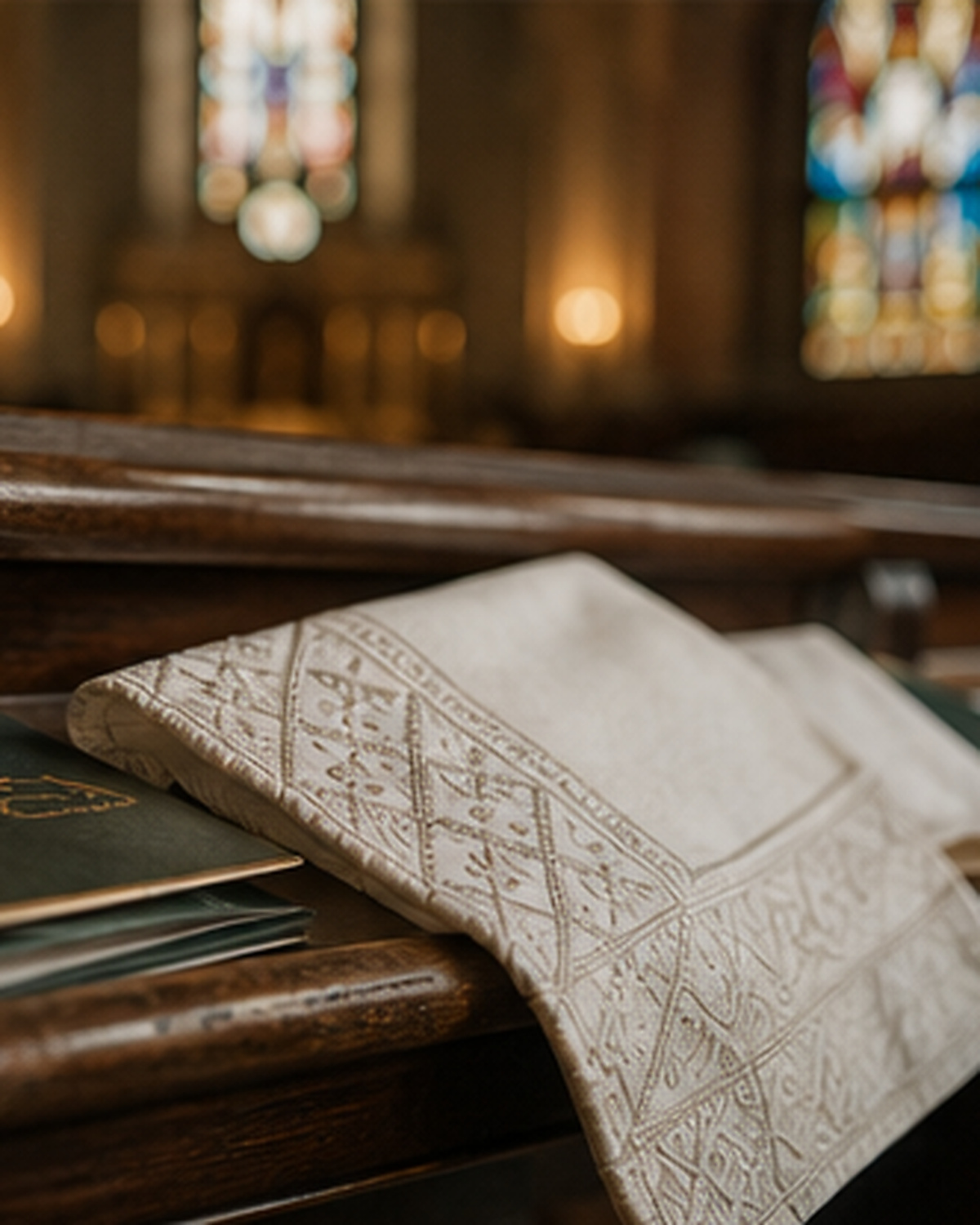 A folded cream kaftan with tonal embroidery resting on a dark wooden pew beside hymn books, stained glass behind
