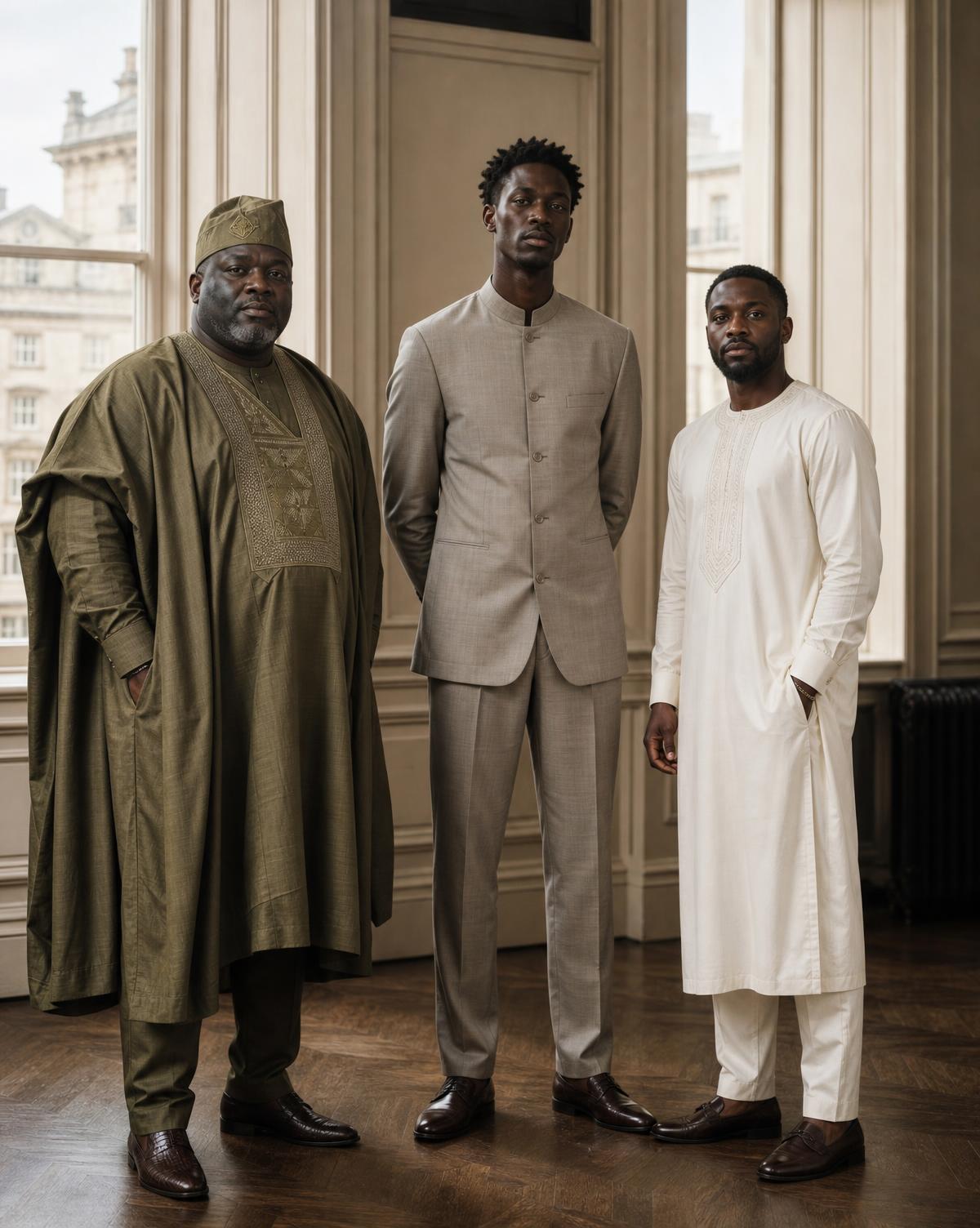 An olive agbada, a stone senator suit and an ivory kaftan on three different builds