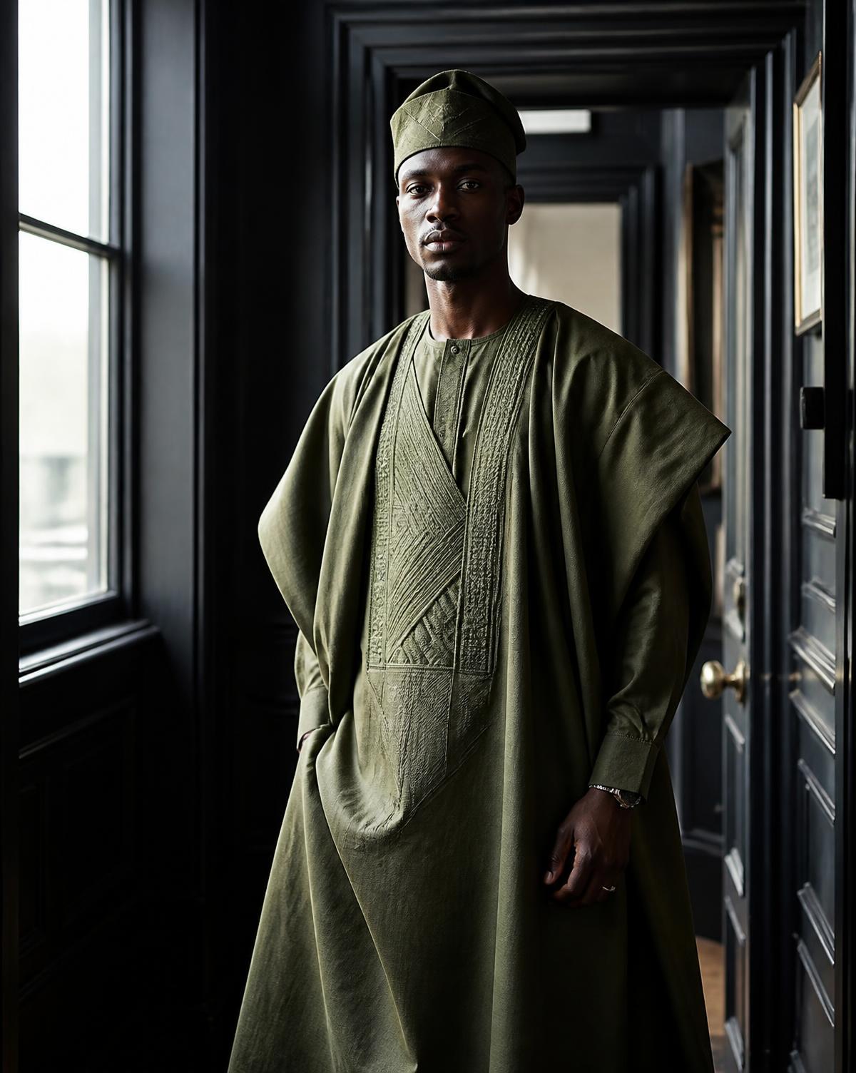 An olive agbada with a worked chest panel and matching fila photographed indoors
