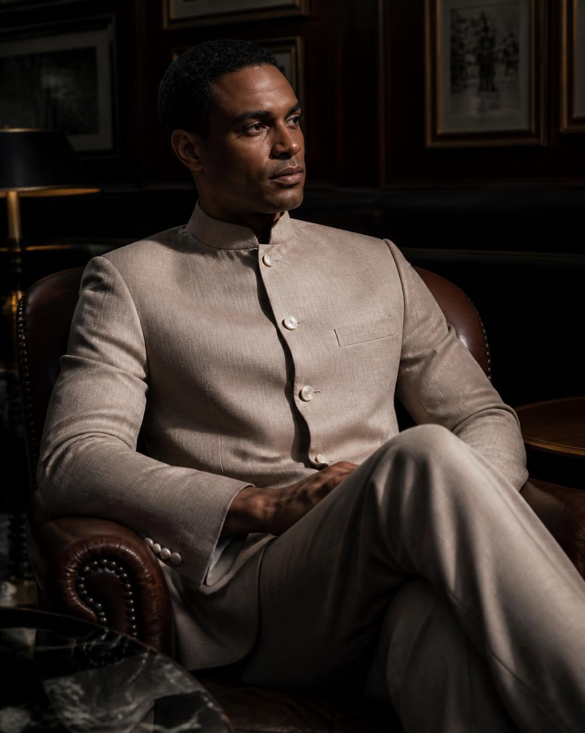 A designer spotlight portrait in tailored occasion dress, photographed in London