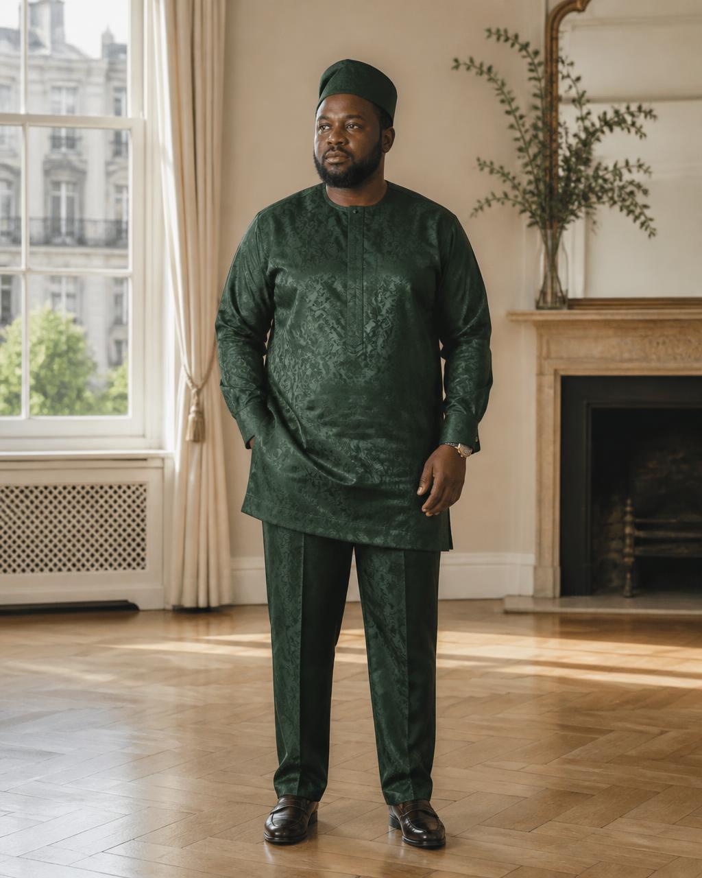 A deep forest-green damask aso-ebi set with a straight tunic, matching trouser and cap
