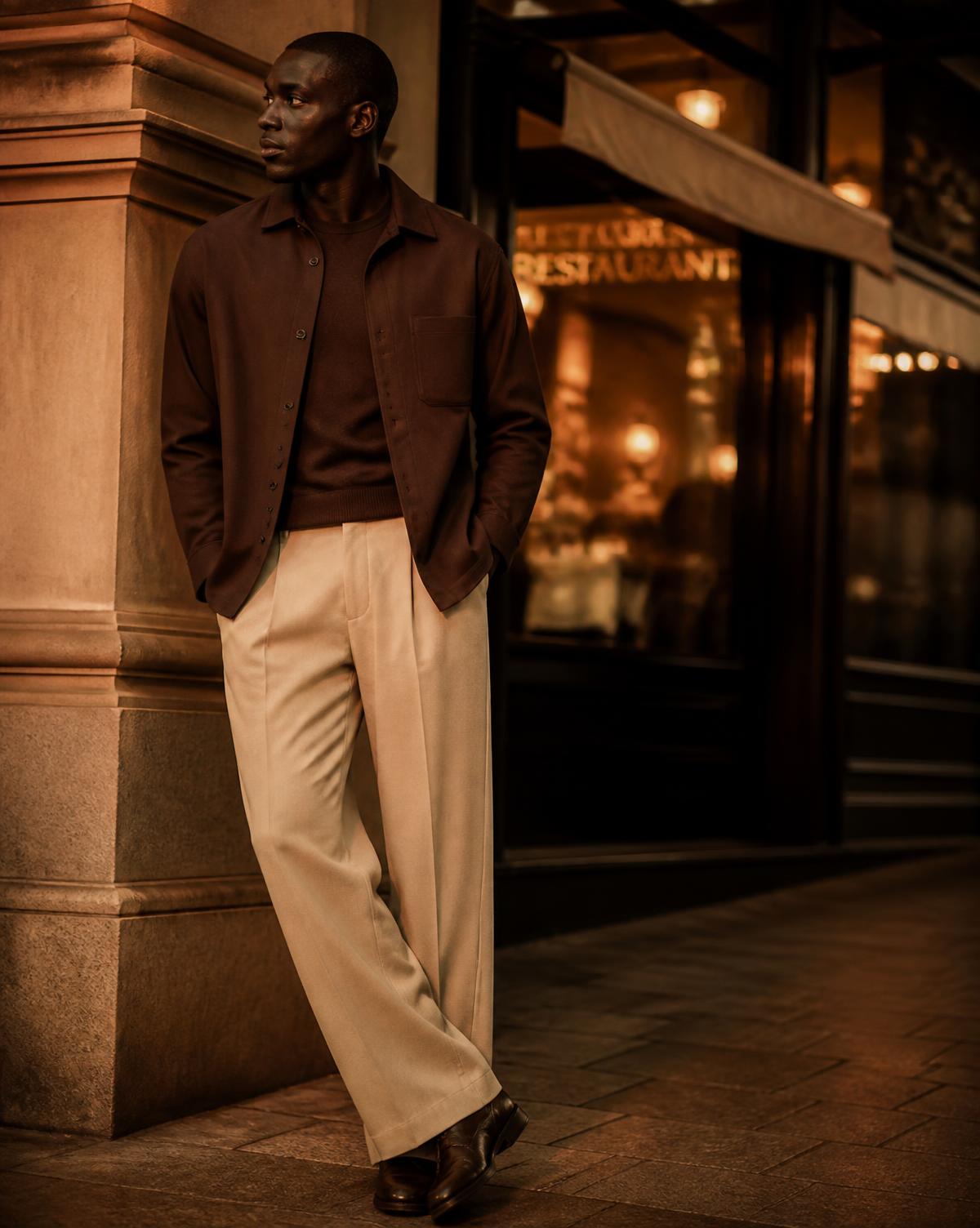 A brown overshirt worn over a cream wide-leg trouser outside a restaurant at dusk