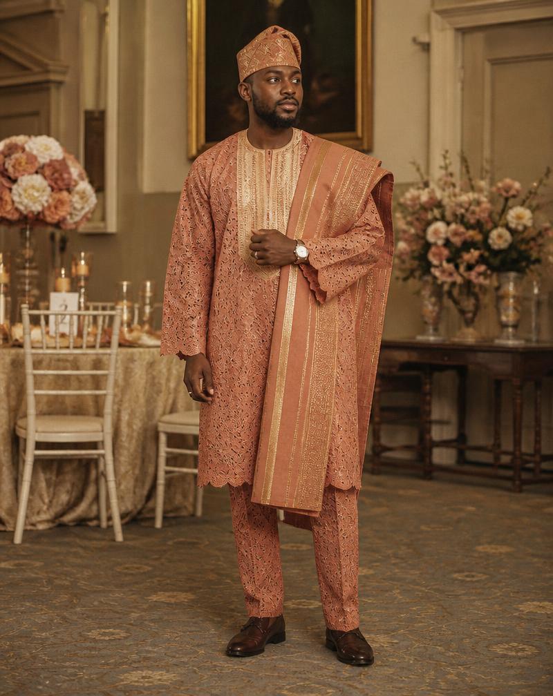 A peach lace aso-ebi agbada with matching fila worn at a family celebration