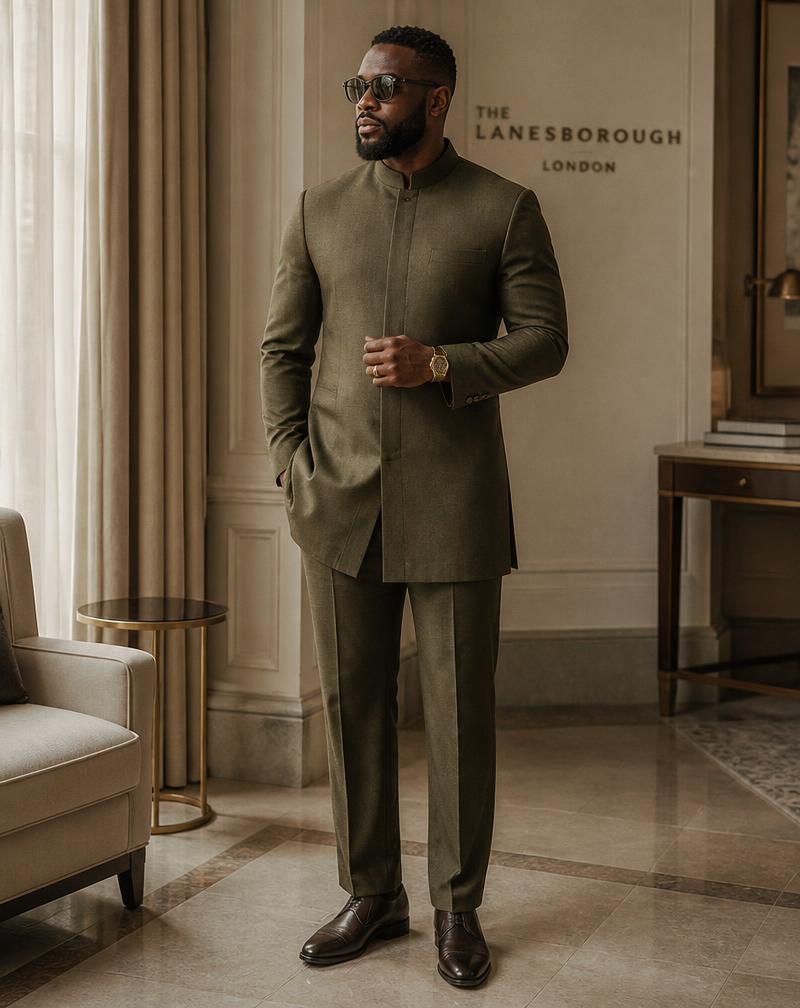 An olive senator suit with a mandarin collar worn outside a London hotel