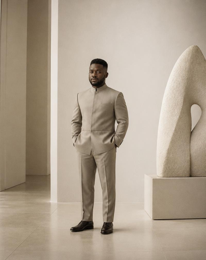 A stone senator suit with a mandarin collar photographed in a pale gallery interior