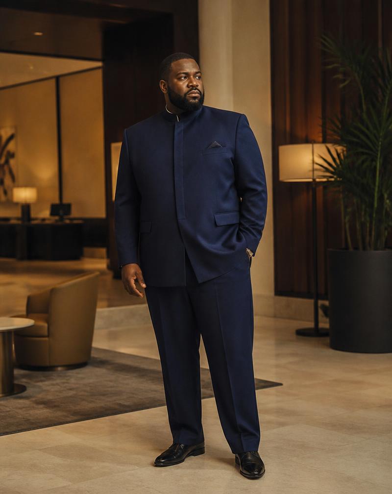 A navy senator suit worn in a hotel lounge, straight cut through the body