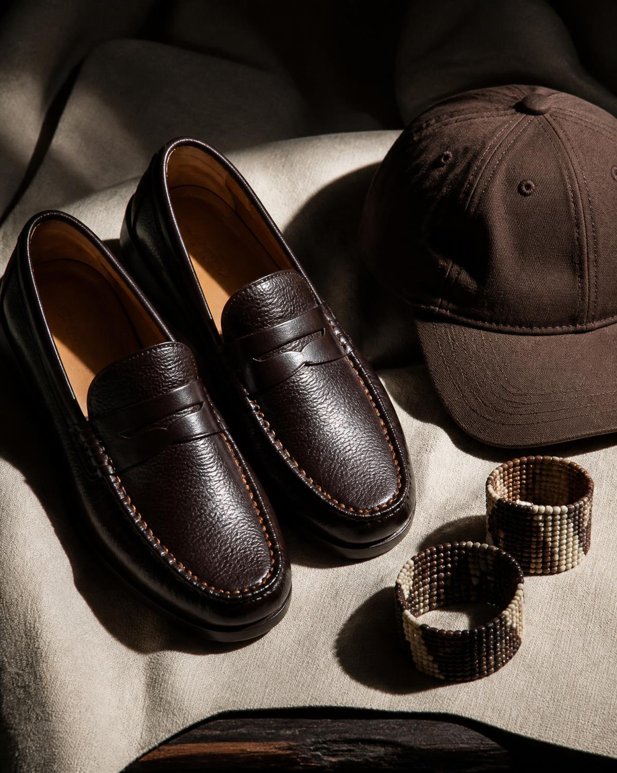 Dark brown handmade loafers, a fila and beaded cuffs on bone linen