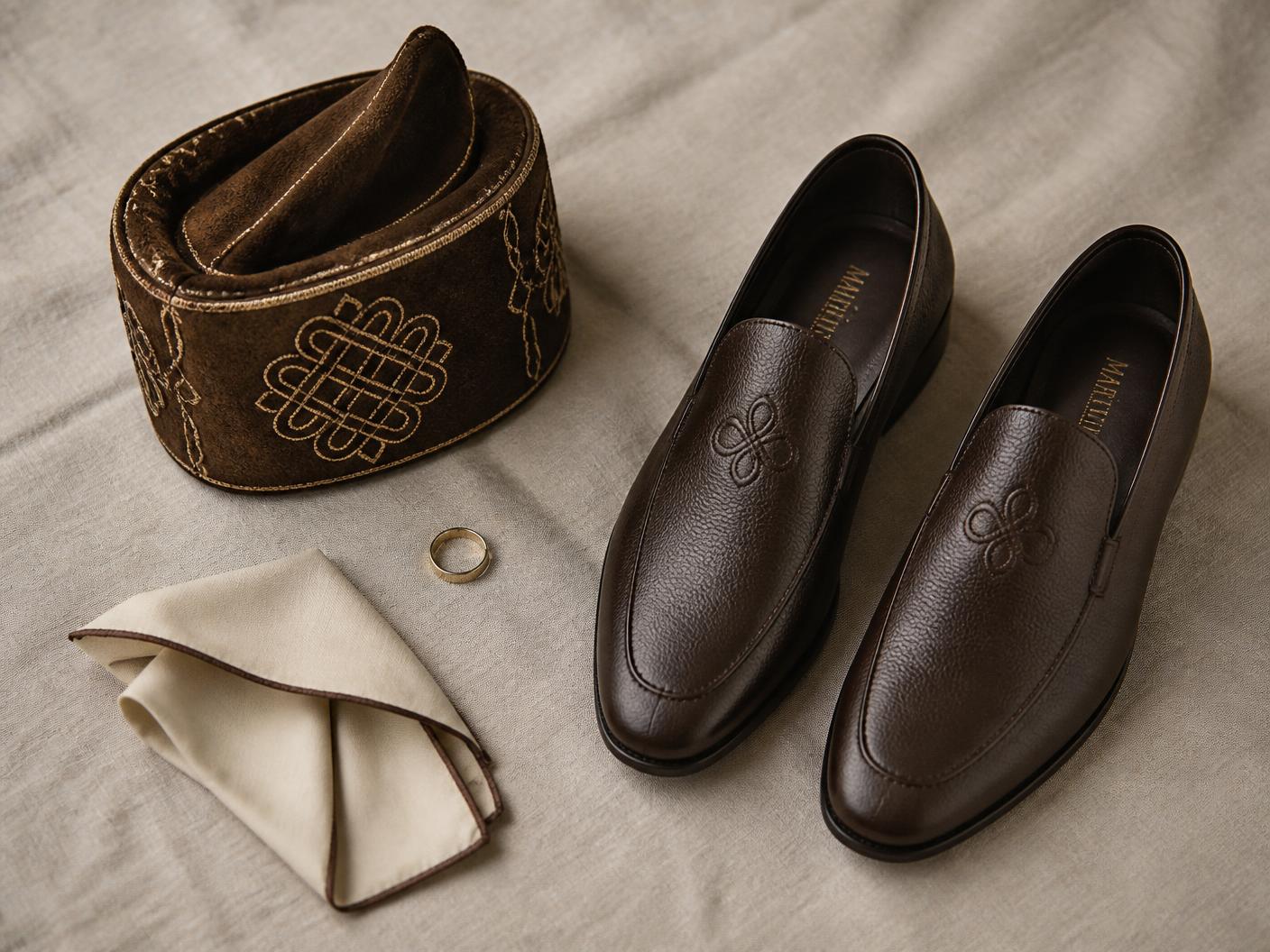 Flat lay of the fila cap, brown leather slip-ons, ring and cream pocket square