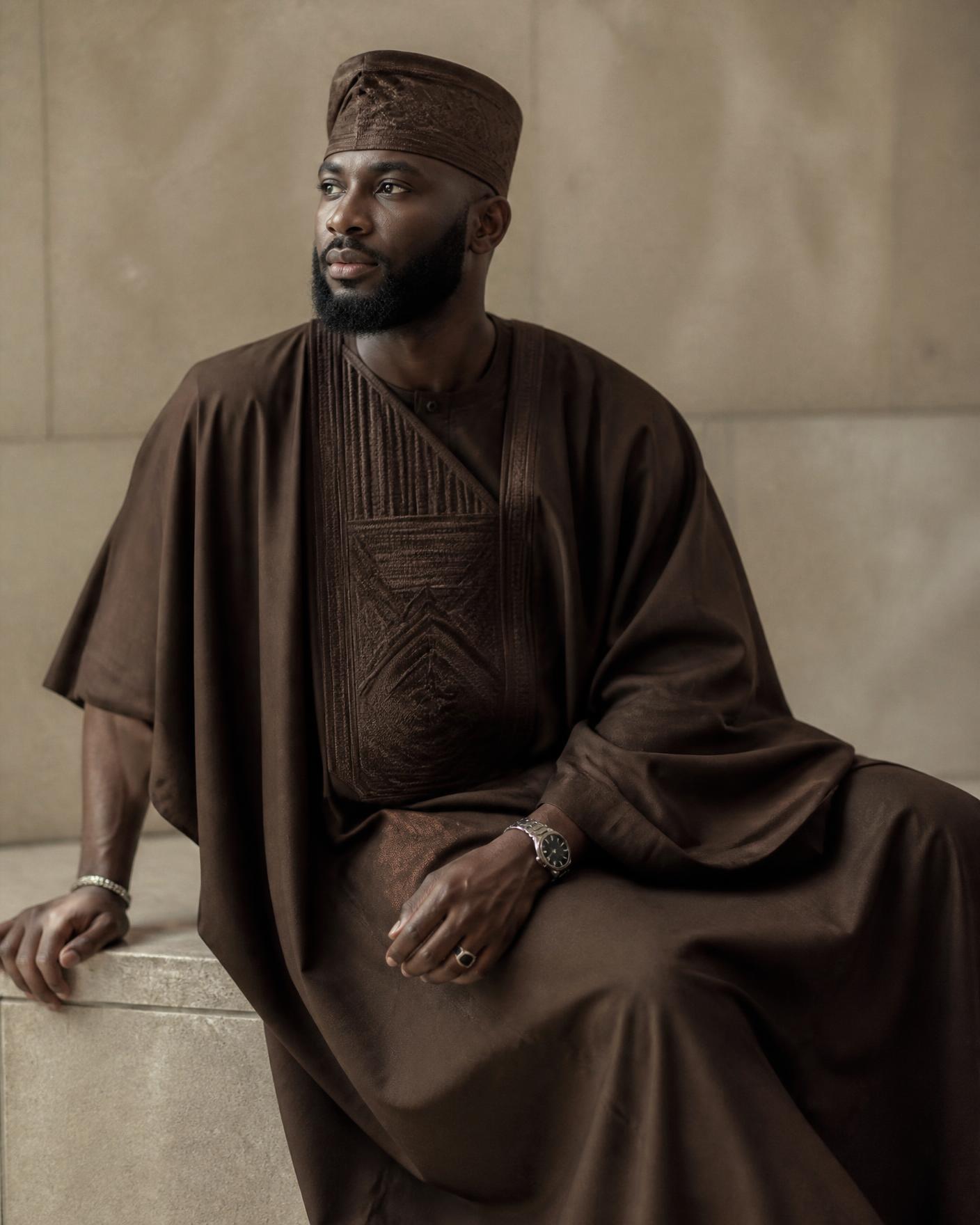 Seated three-quarter view of the brown agbada showing the drape of the sleeve