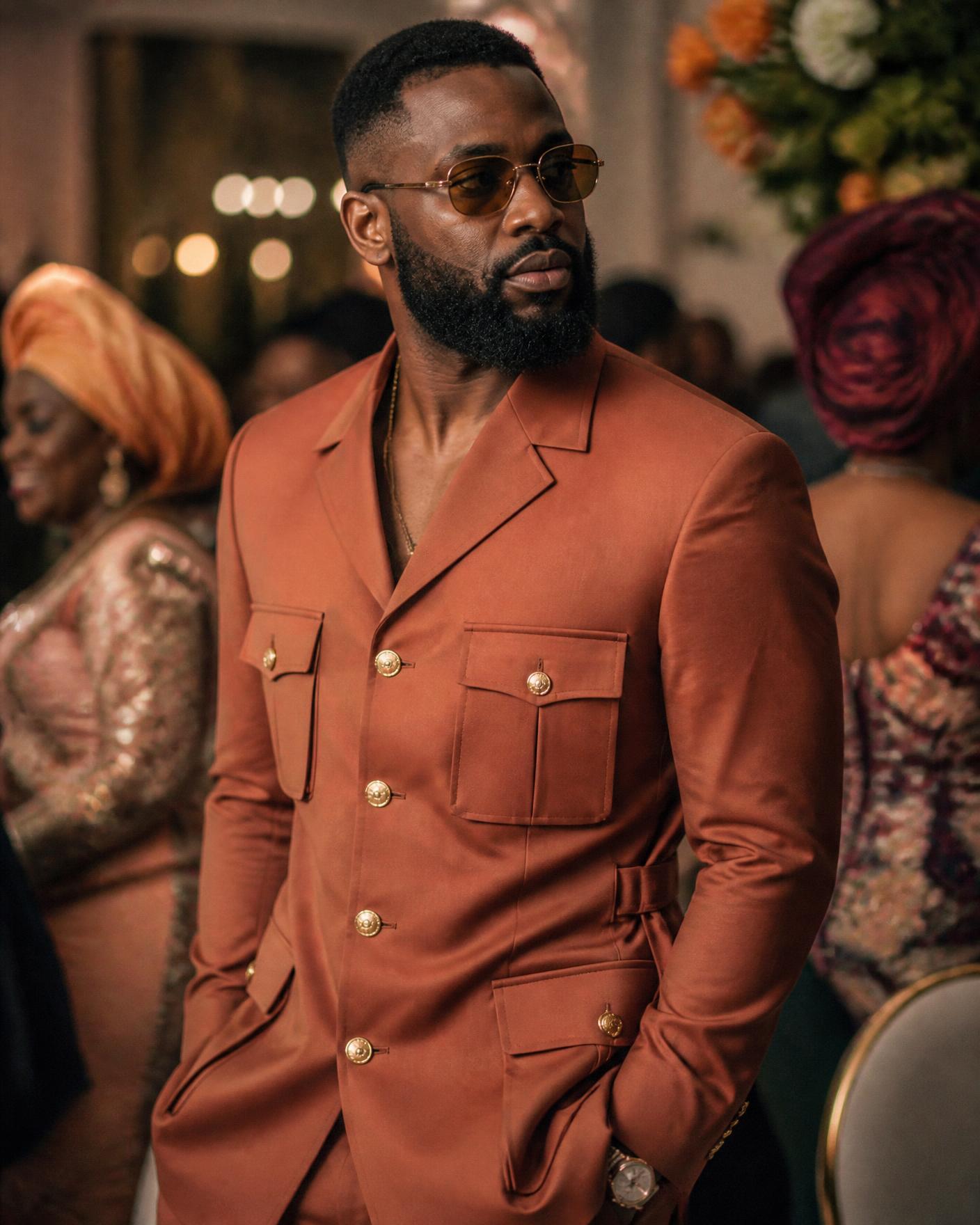 Three-quarter view of the rust safari suit showing shoulder and pocket detail