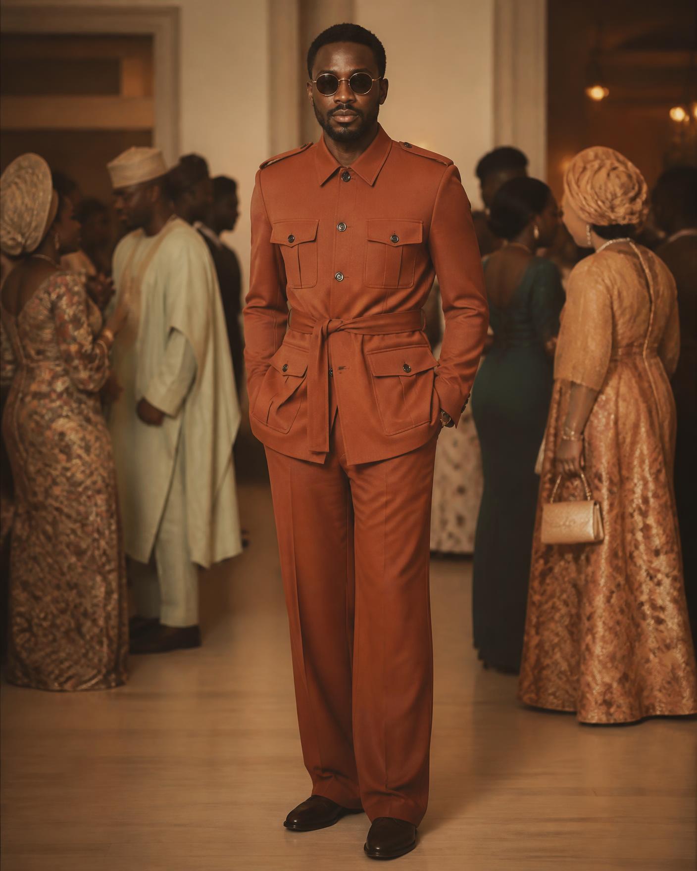 Full-length view of a rust safari suit worn to an Owambe in Peckham, London