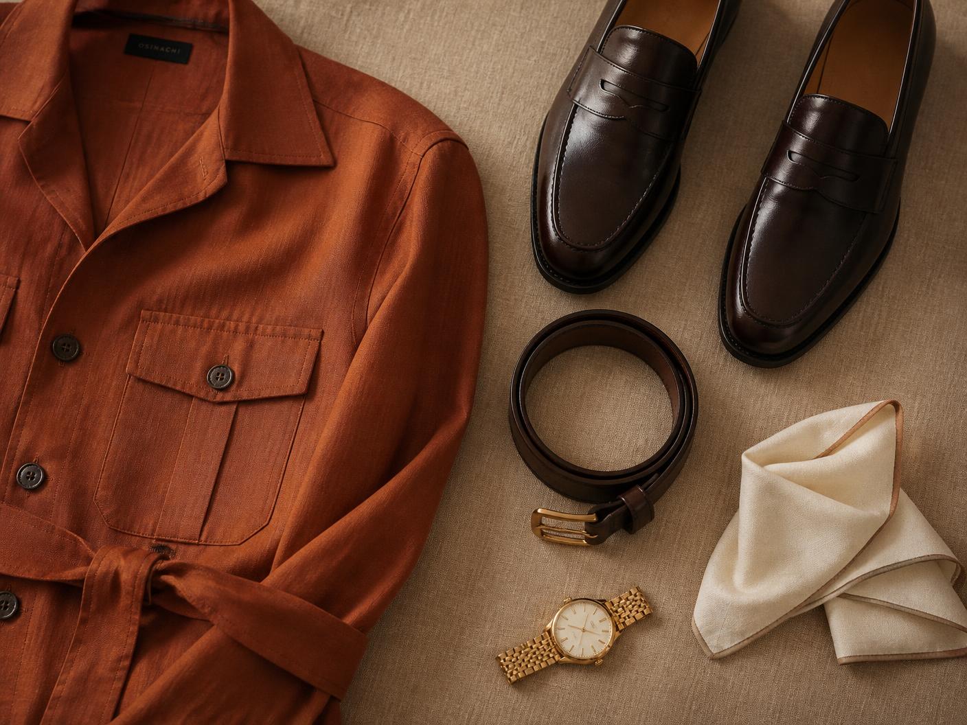 Flat lay of the rust safari suit jacket, brown loafers, belt, watch and cream pocket square